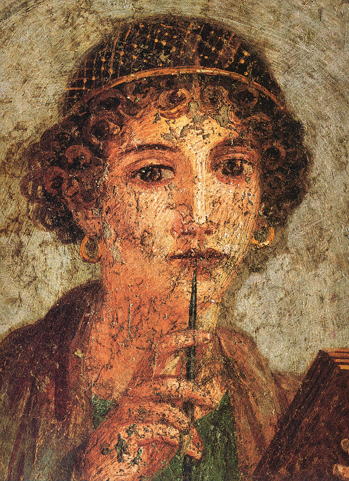 Detail of the portrait of a young woman (so-called Sappho) with writing pen and wax tablets - The Culturium